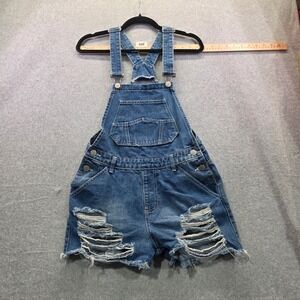 American Bazi Womens Distressed Denim Shortalls BlueJean Overalls Small RJSO-961